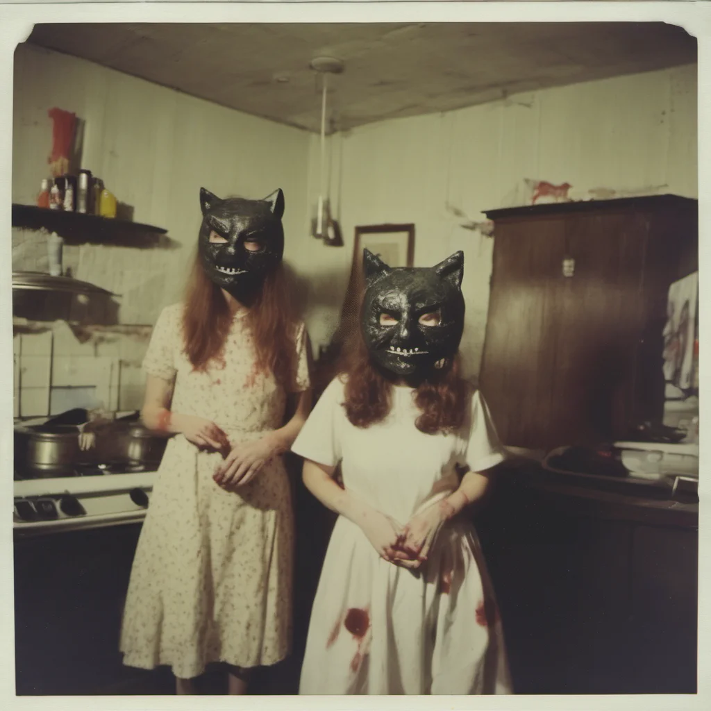 aitwo crazy zombie girls with giant cypress cat masks in an old kitchen    uncanny horror    polaroid good looking trending fantastic 1