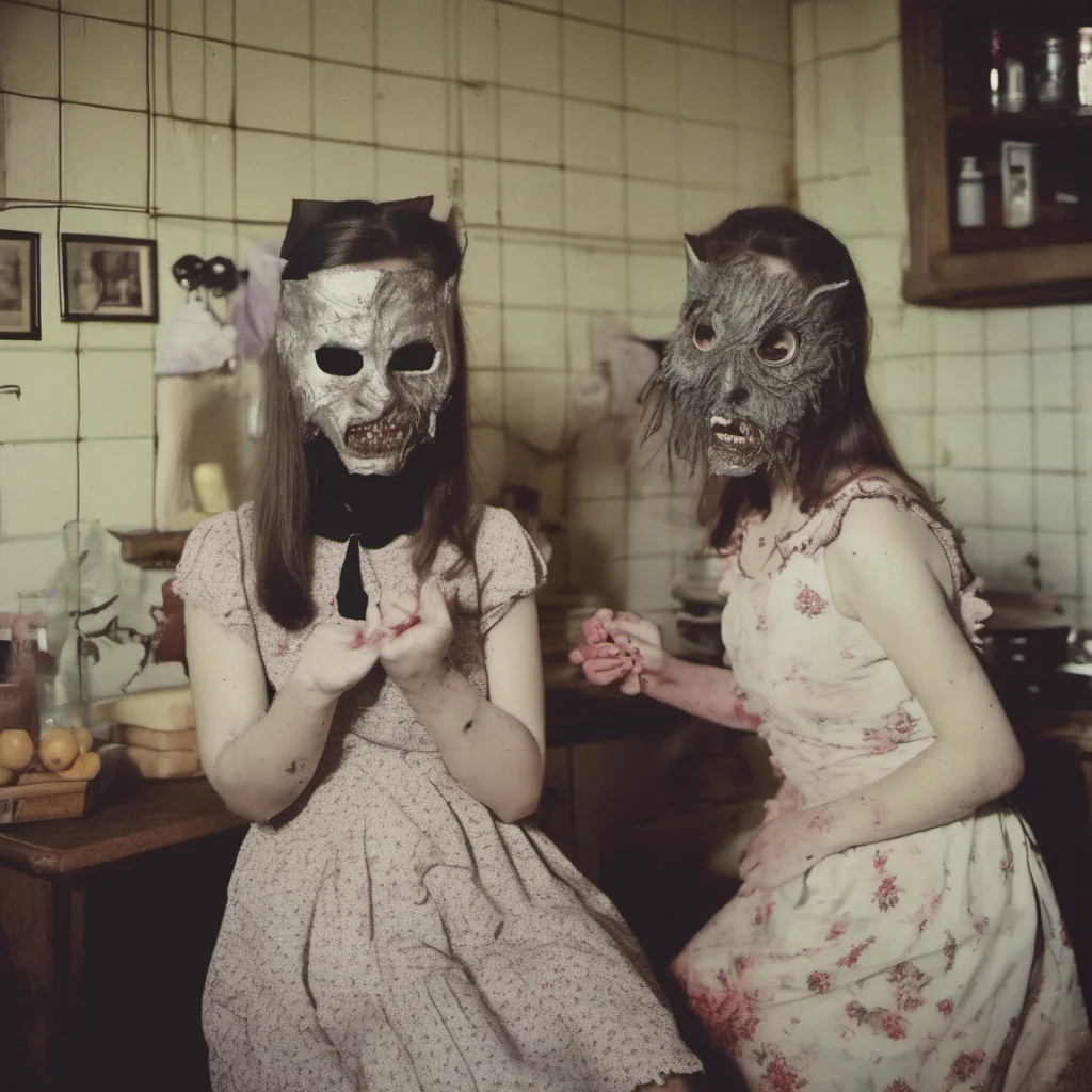 aitwo crazy zombie girls with giant cypress cat masks in an old kitchen    uncanny horror    polaroid