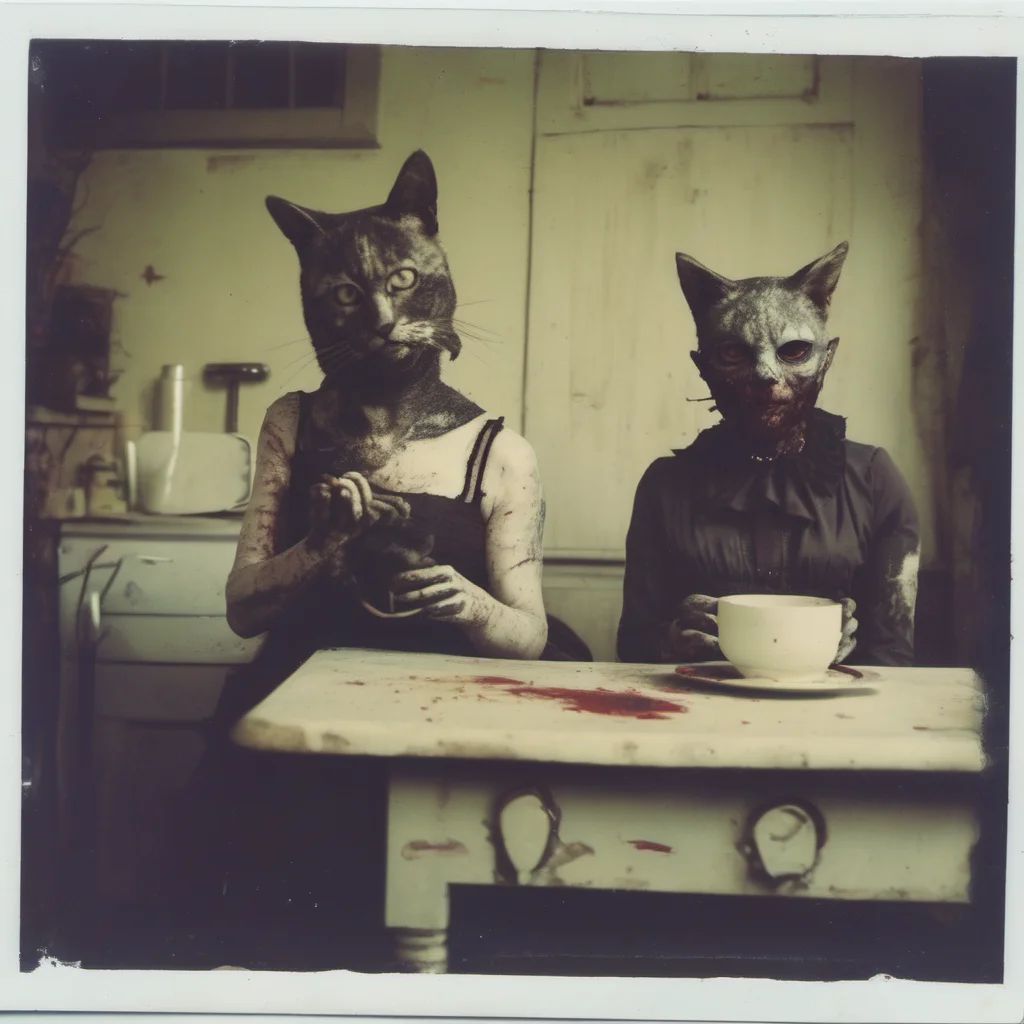 aitwo crazy zombie girls with their giant cypress cat in an old kitchen    uncanny horror    polaroid amazing awesome portrait 2