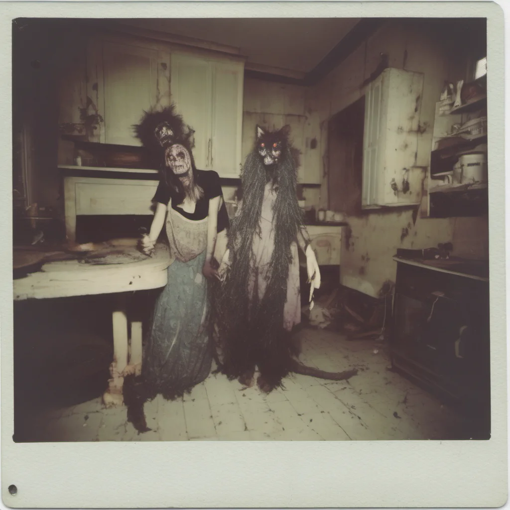 aitwo crazy zombie girls with their giant cypress cat in an old kitchen    uncanny horror    polaroid confident engaging wow artstation art 3
