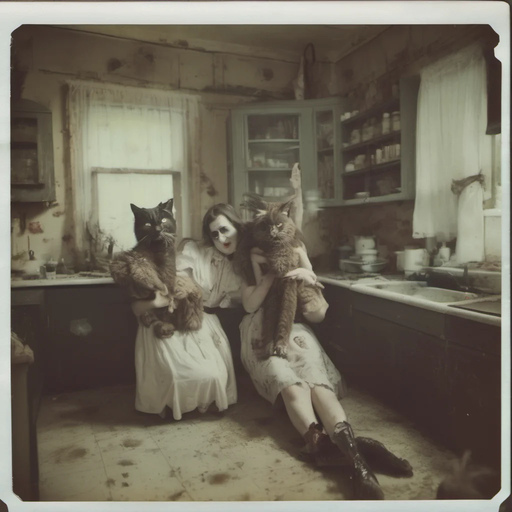 two crazy zombie girls with their giant cypress cat in an old kitchen    uncanny horror    polaroid good looking trending fantastic 1