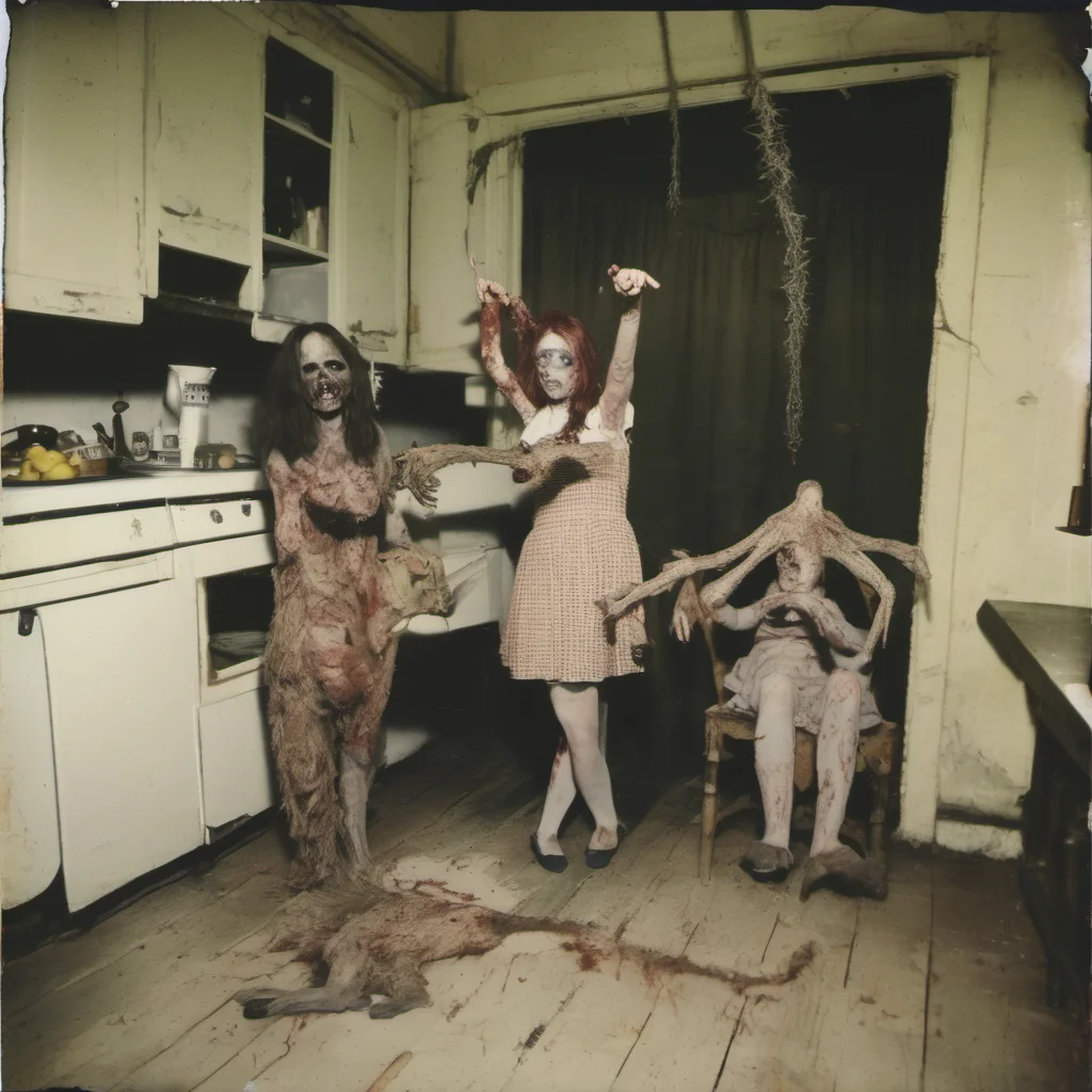 aitwo crazy zombie girls with their giant cypress cat in an old kitchen    uncanny horror    polaroid