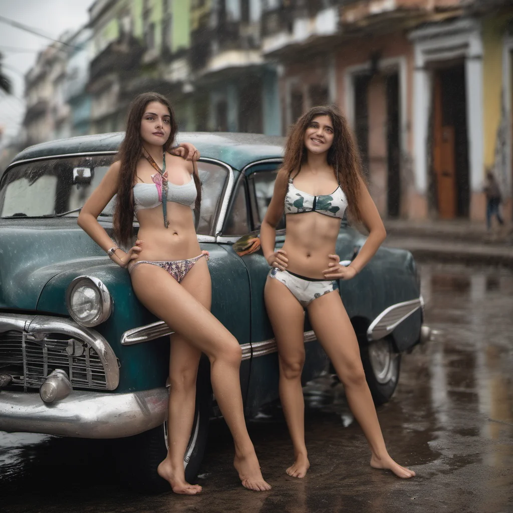 two cuban young women posing in bikini with their old car in rainy havanna amazing awesome portrait 2