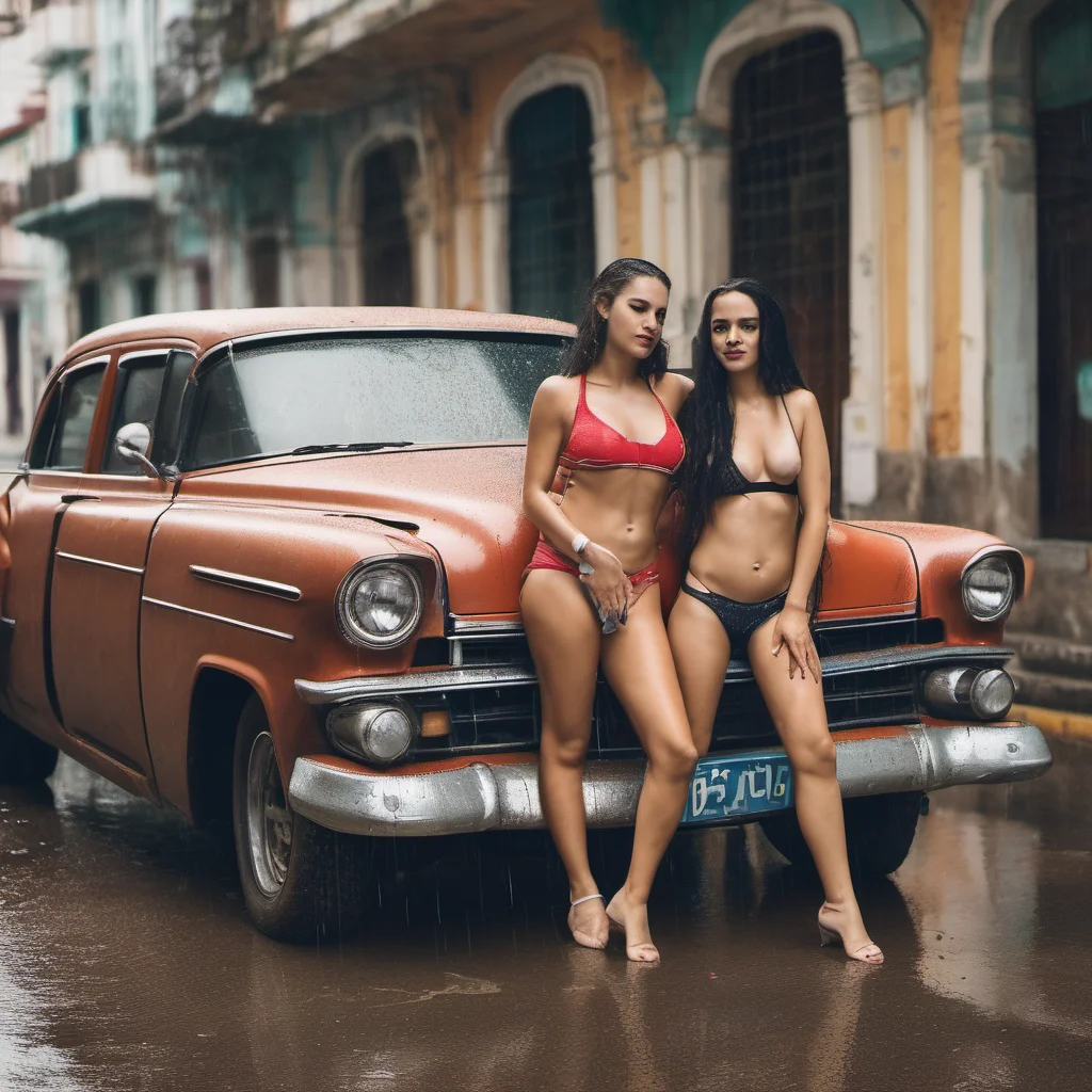 two cuban young women posing in bikini with their old car in rainy havanna confident engaging wow artstation art 3