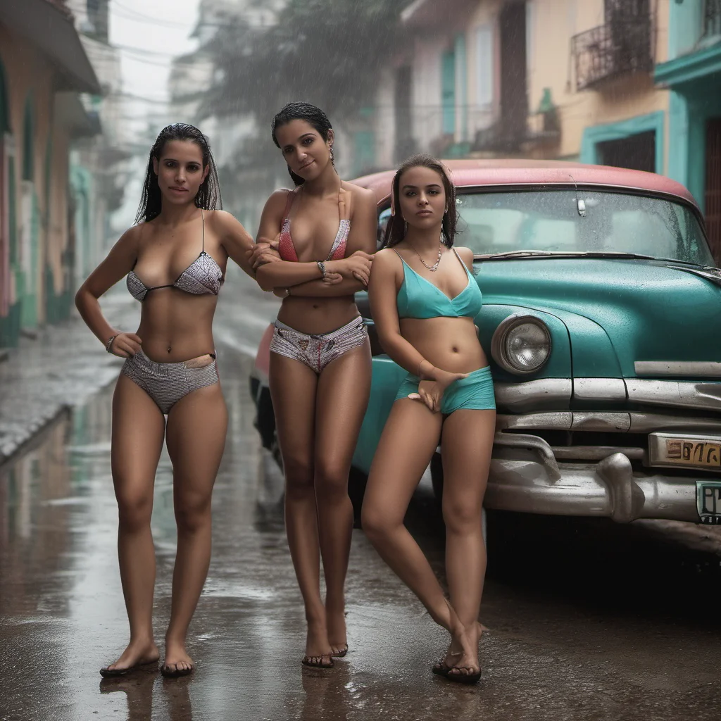 two cuban young women posing in bikini with their old car in rainy havanna good looking trending fantastic 1