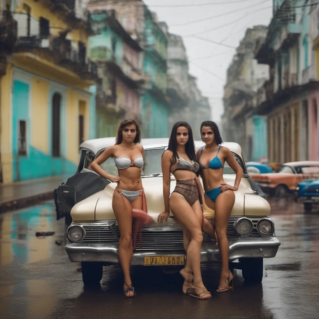 two cuban young women posing in bikini with their old car in rainy havanna