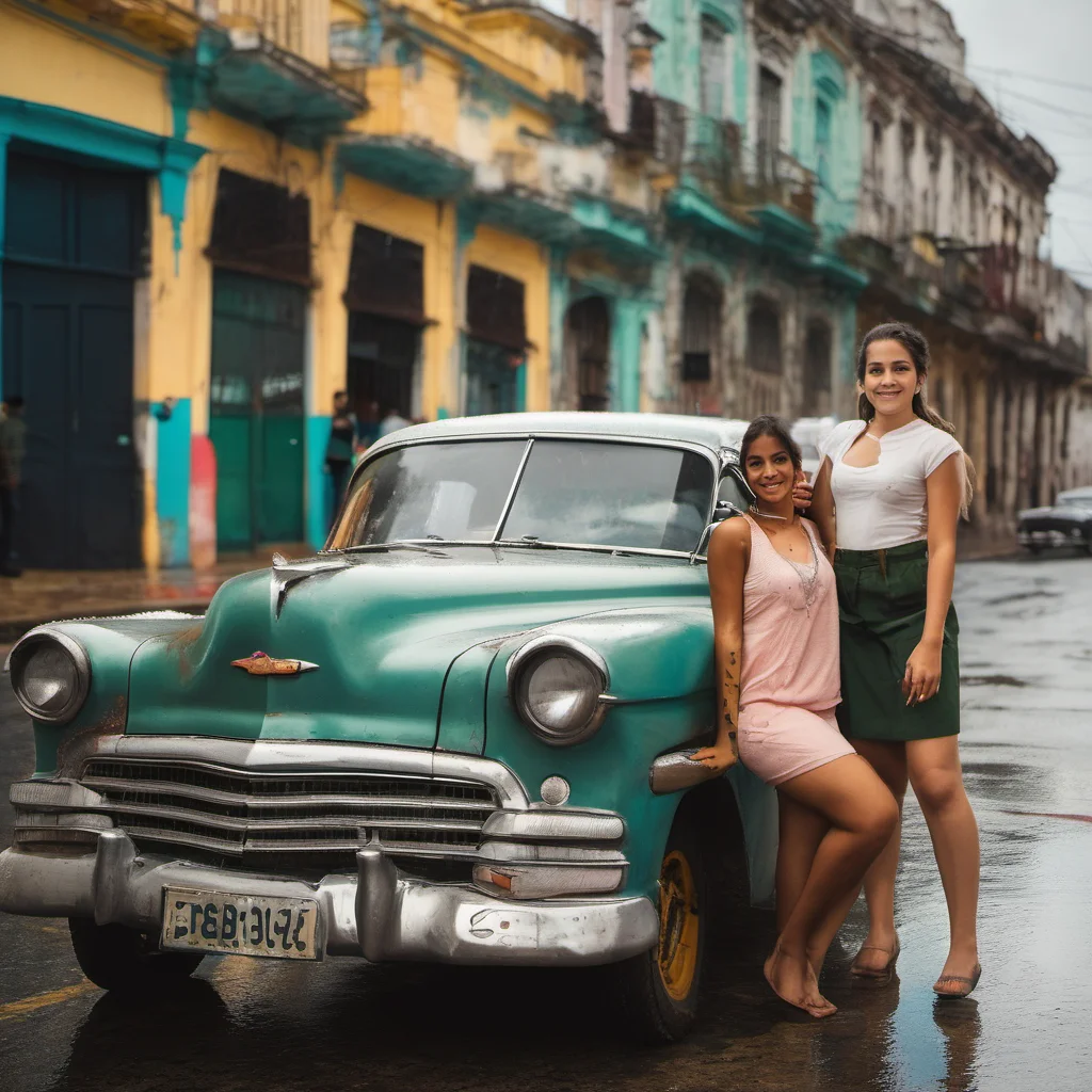 aitwo cuban young women posing with their old car in rainy havanna amazing awesome portrait 2