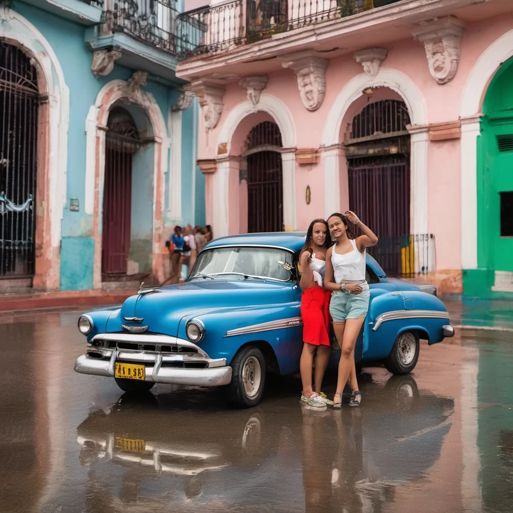 two cuban young women posing with their old car in rainy havanna confident engaging wow artstation art 3