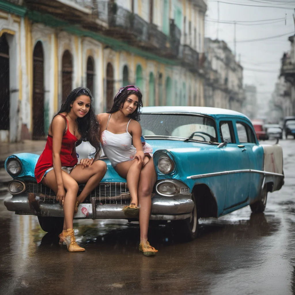 two cuban young women posing with their old car in rainy havanna good looking trending fantastic 1