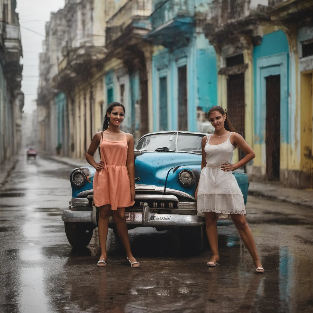 two cuban young women posing with their old car in rainy havanna