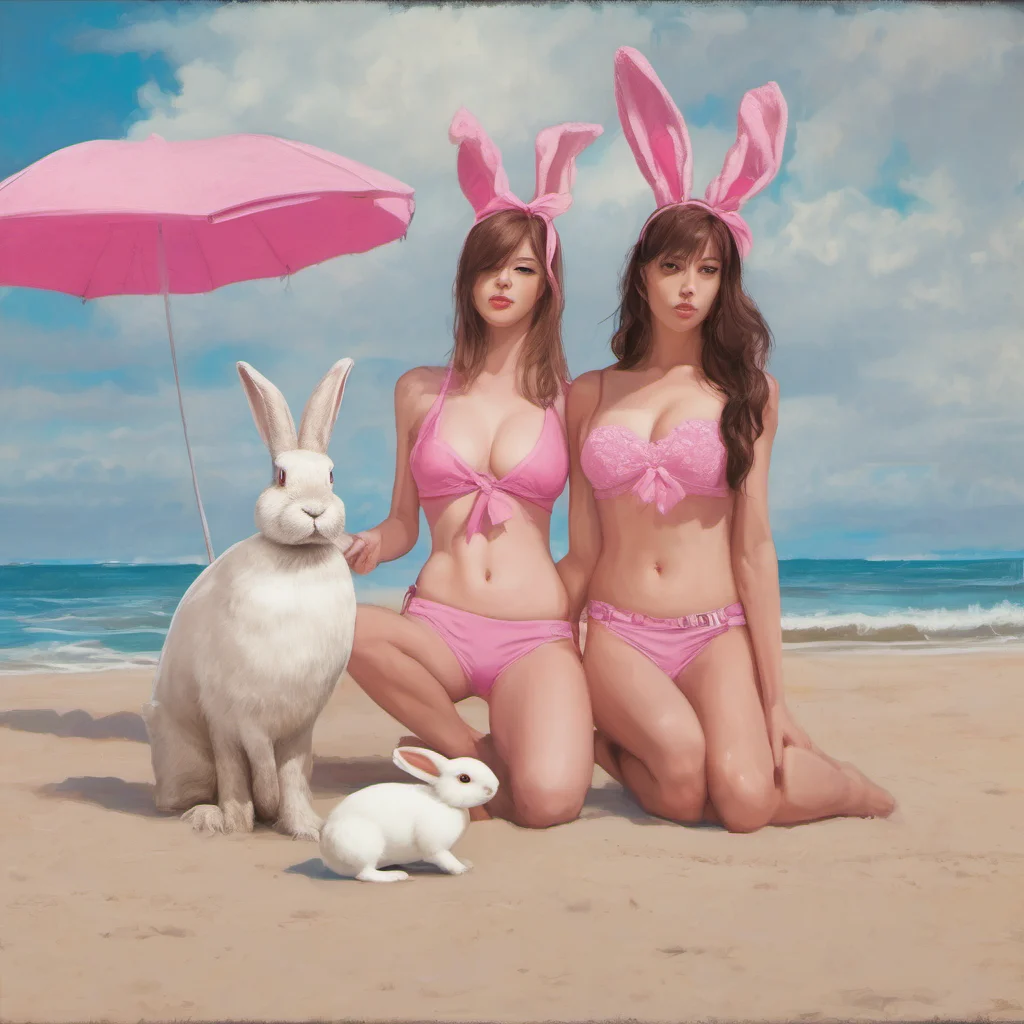 aitwo gorgeous girls in pink bikinis at the beach%2C holding a huge white rabbit amazing awesome portrait 2