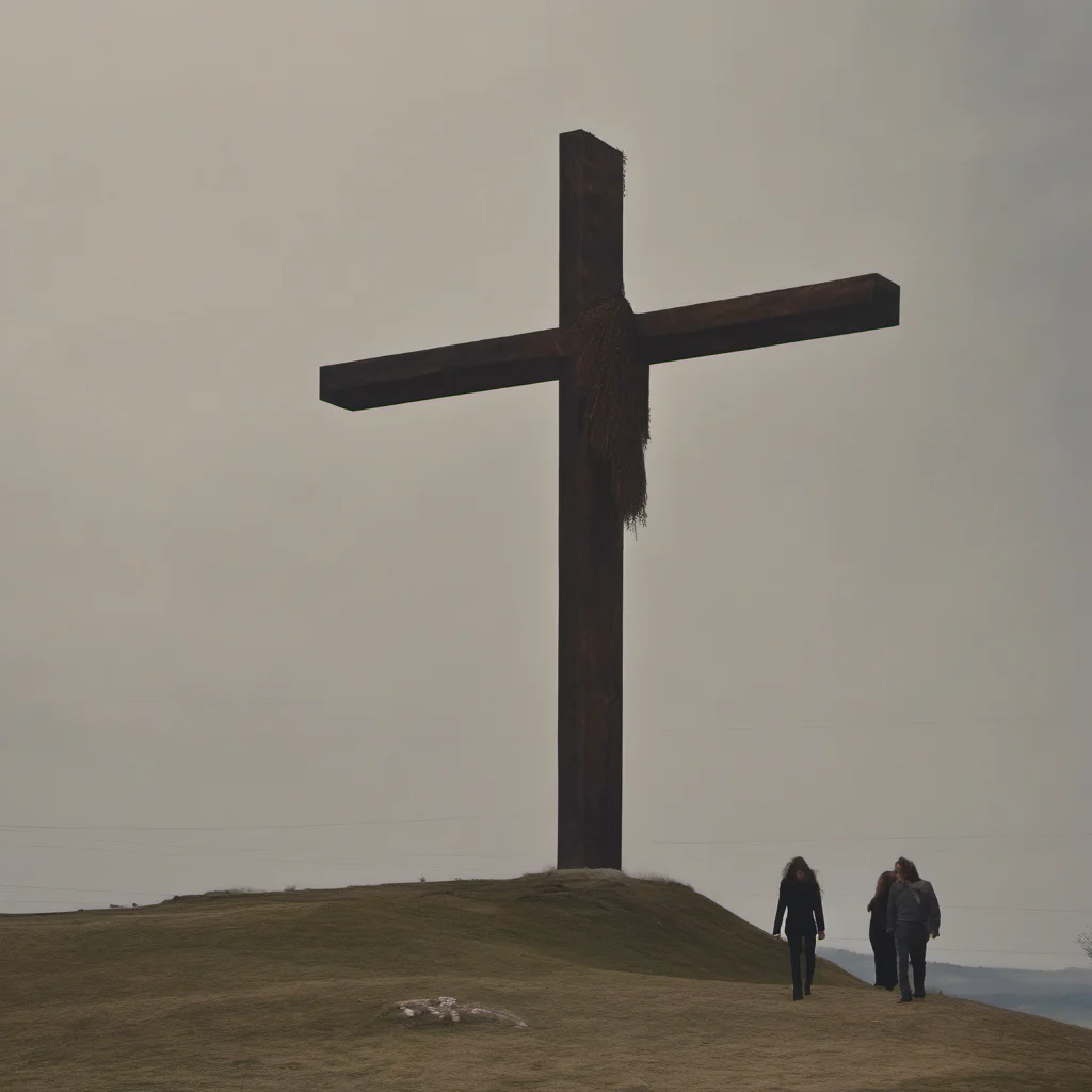 two long haired people near a giant cross