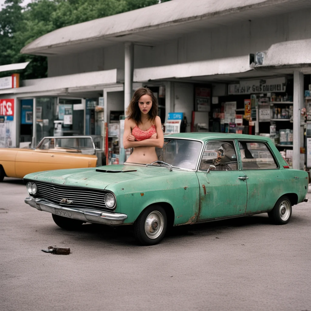 aitwo lost english party girls%2C at an uncanny total gas station%2C with their old rusty nissan sunny wagon amazing awesome portrait 2