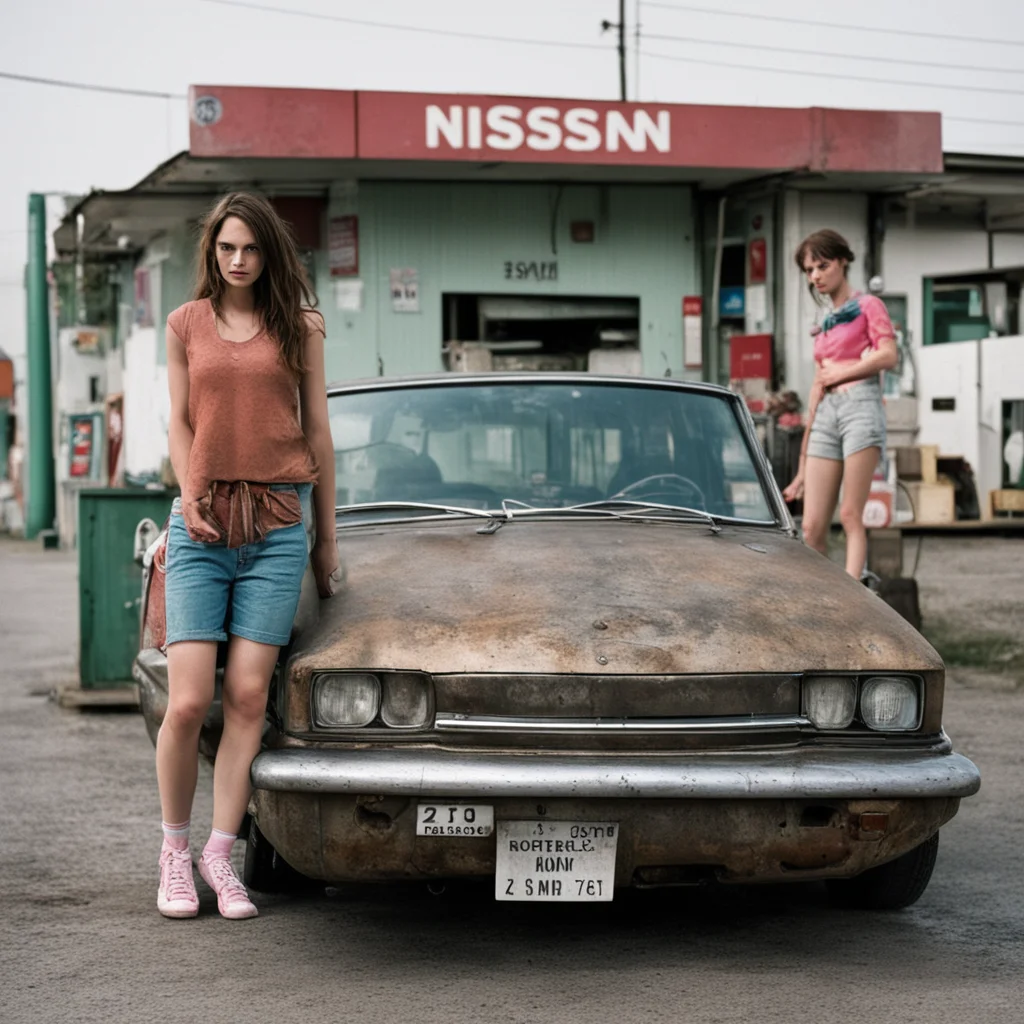 aitwo lost english party girls%2C at an uncanny total gas station%2C with their old rusty nissan sunny wagon confident engaging wow artstation art 3