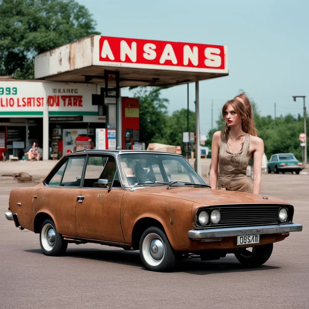 aitwo lost english party girls%2C at an uncanny total gas station%2C with their old rusty nissan sunny wagon good looking trending fantastic 1