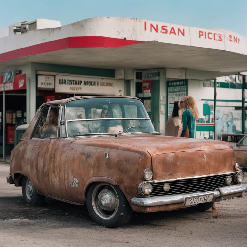 aitwo lost english party girls%2C at an uncanny total gas station%2C with their old rusty nissan sunny wagon
