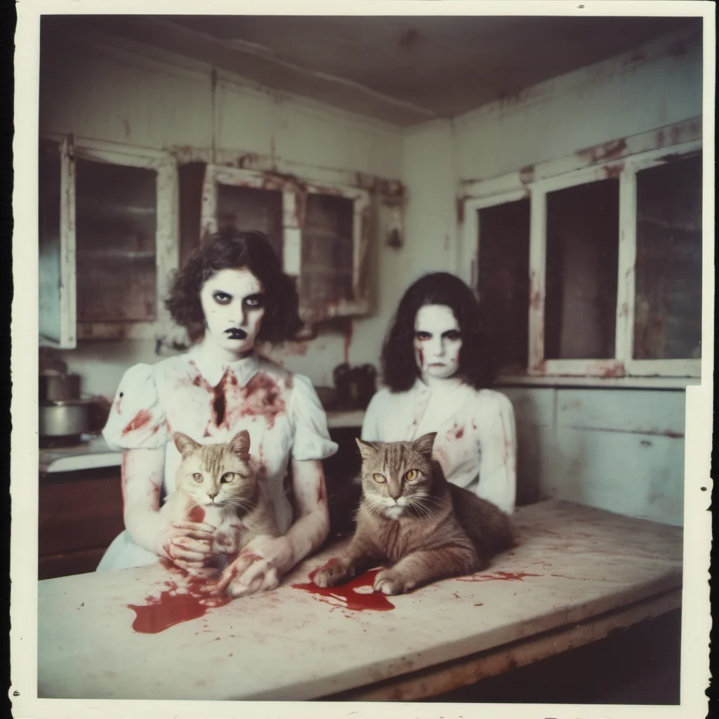 two mean bloody zombie girls with their giant cypress cat in an old kitchen    with lots of blood   uncanny horror    polaroid amazing awesome portrait 2