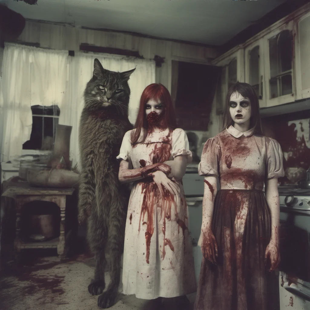 aitwo mean bloody zombie girls with their giant cypress cat in an old kitchen    with lots of blood   uncanny horror    polaroid confident engaging wow artstation art 3