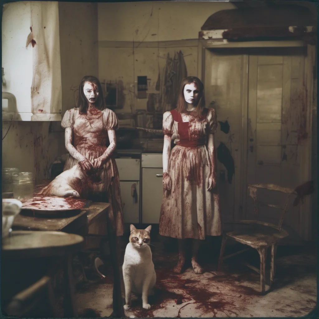 two mean bloody zombie girls with their giant cypress cat in an old kitchen    with lots of blood   uncanny horror    polaroid good looking trending fantastic 1