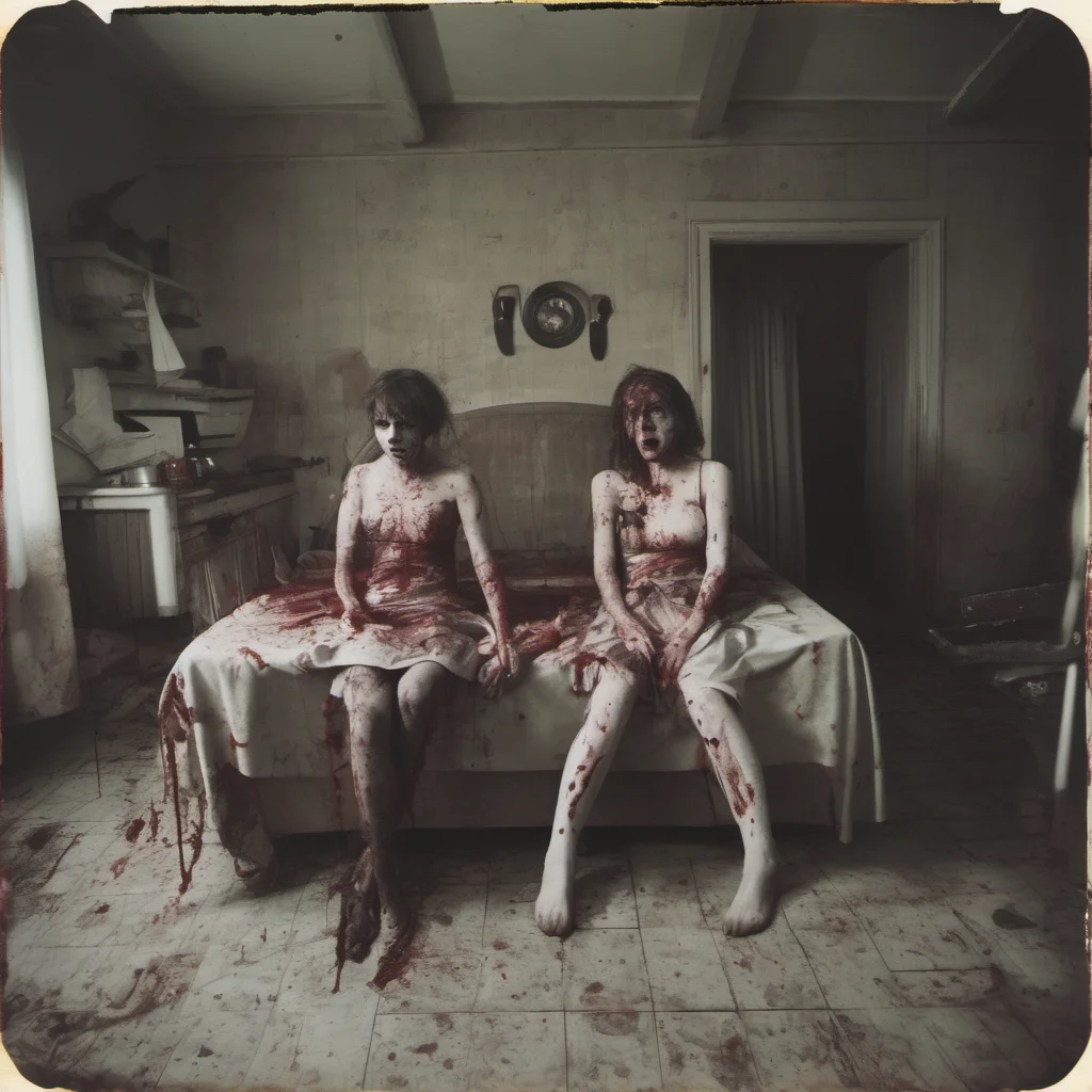 aitwo mean bloody zombie girls with their giant cypress cat in an old kitchen    with lots of blood   uncanny horror    polaroid