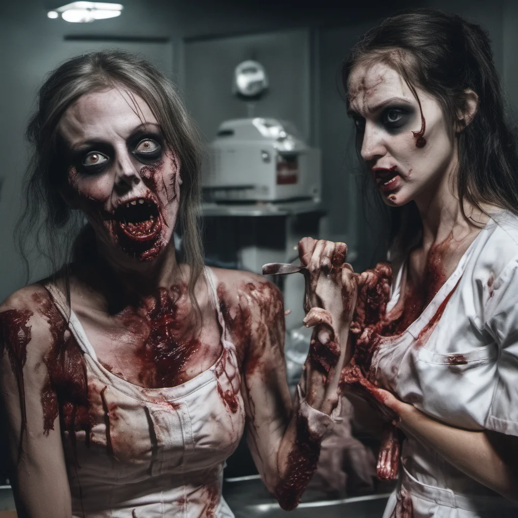 two sexy zombie nurses eating a scared innocent young girl a dark abbatoir   cinematic horror film amazing awesome portrait 2