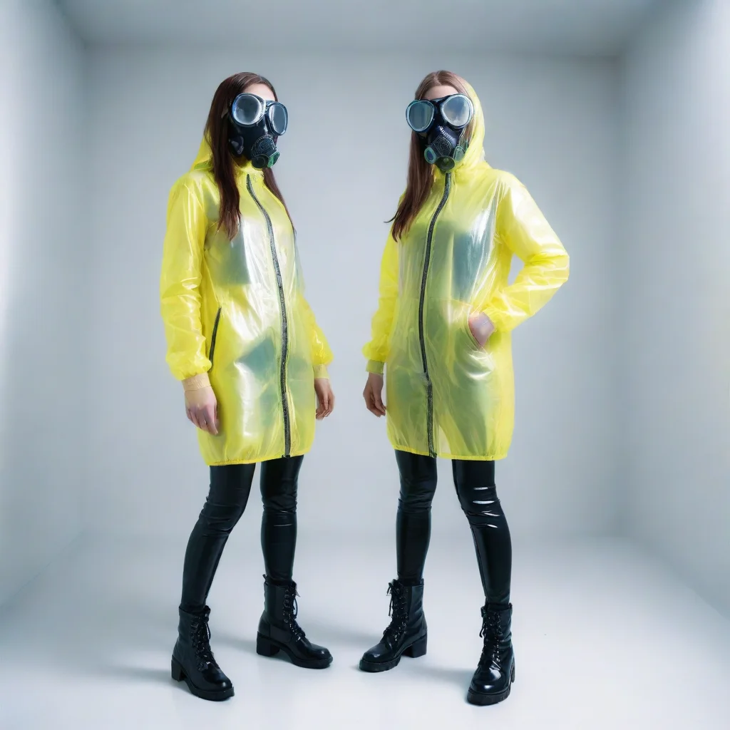 two skinny girls with transparent shiny long vinyl jacket with wide hood enclosed full rubber gasmask fogged glasses standing upright in white room with neon light whole body hands in pocket