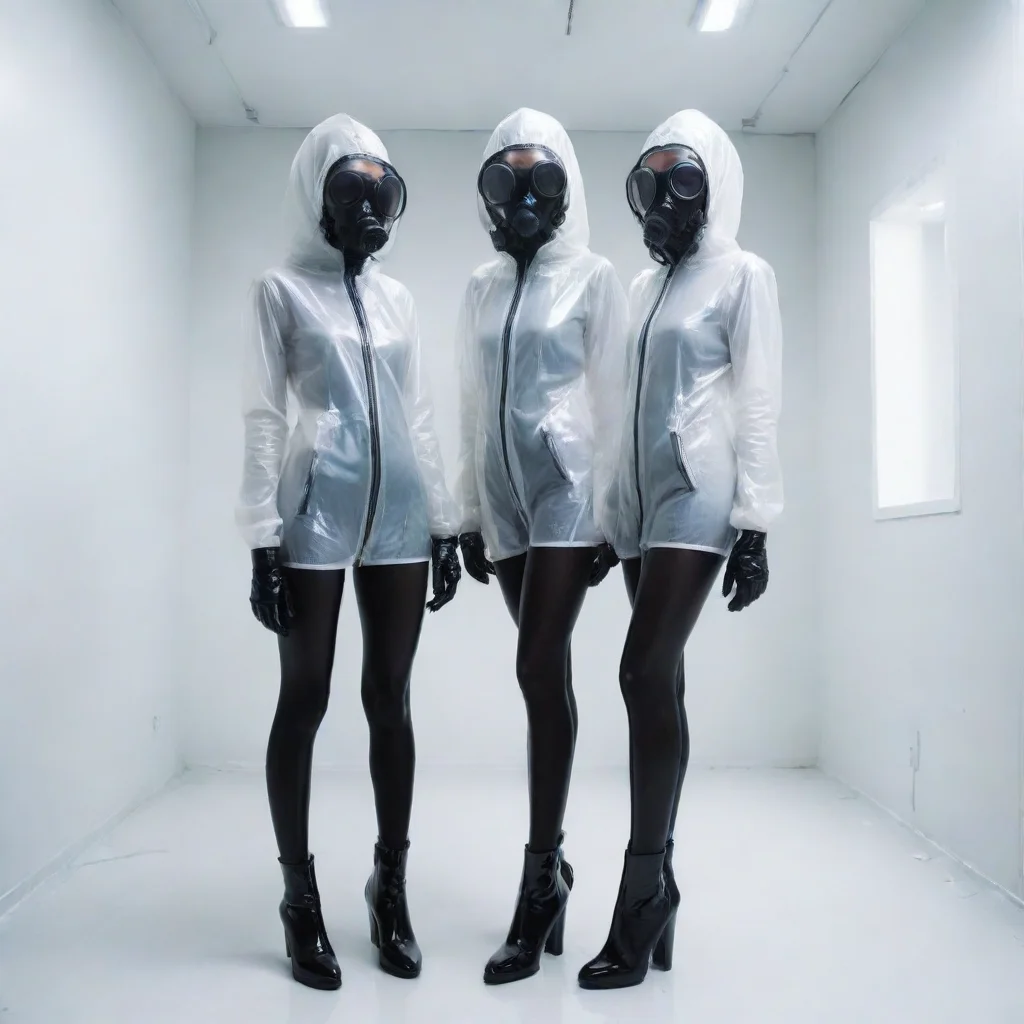 two skinny girls with transparent white shiny long vinyl jacket with wide laced hood black latexbody full enclosed rubber gasmask fogged glasses standing upright in white room with neon light whole 