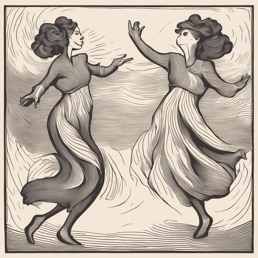 two women dancing in woodcut style