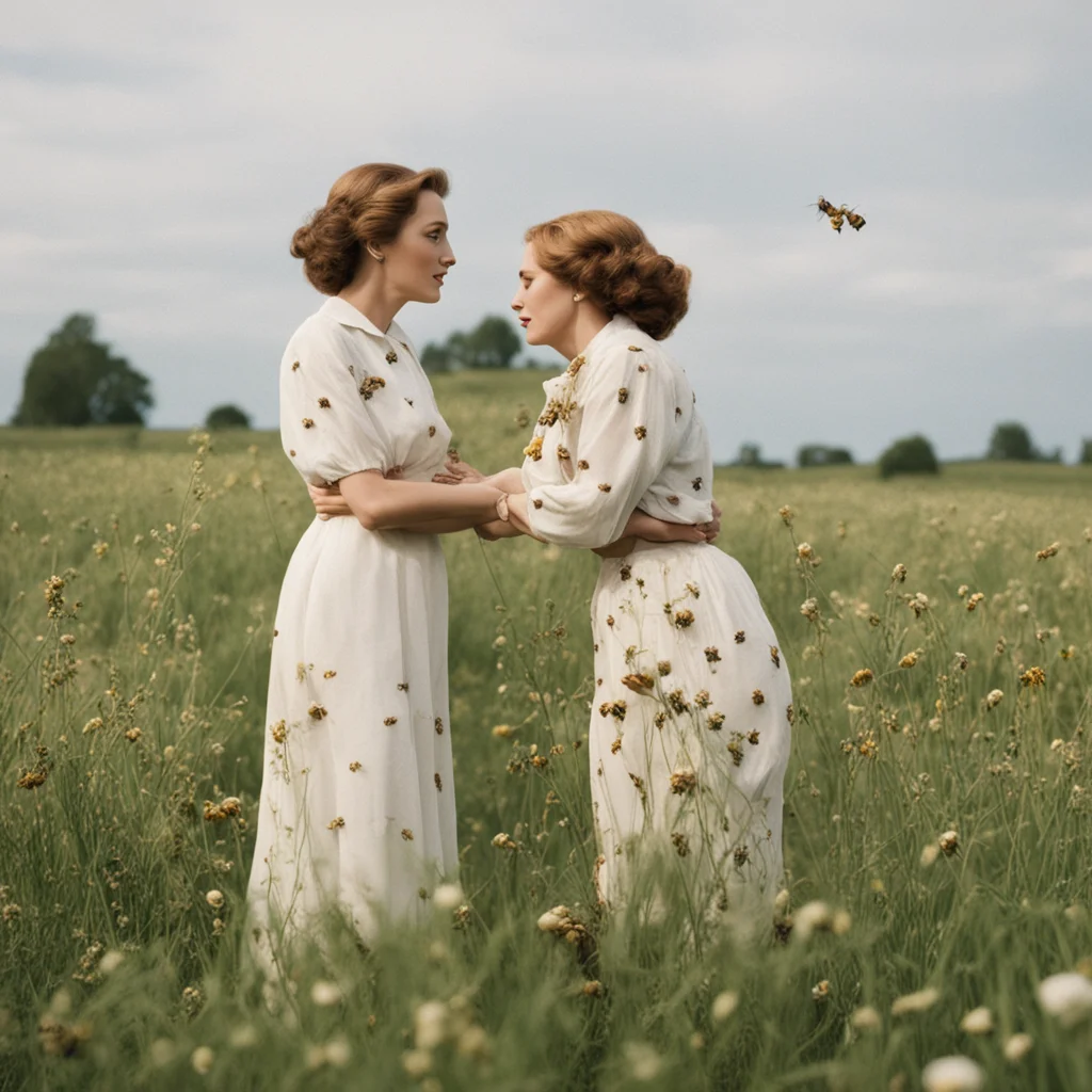two women standing in a field of grass surrounded by bees. set in the 1940s both women holding each other close. confident engaging wow artstation art 3