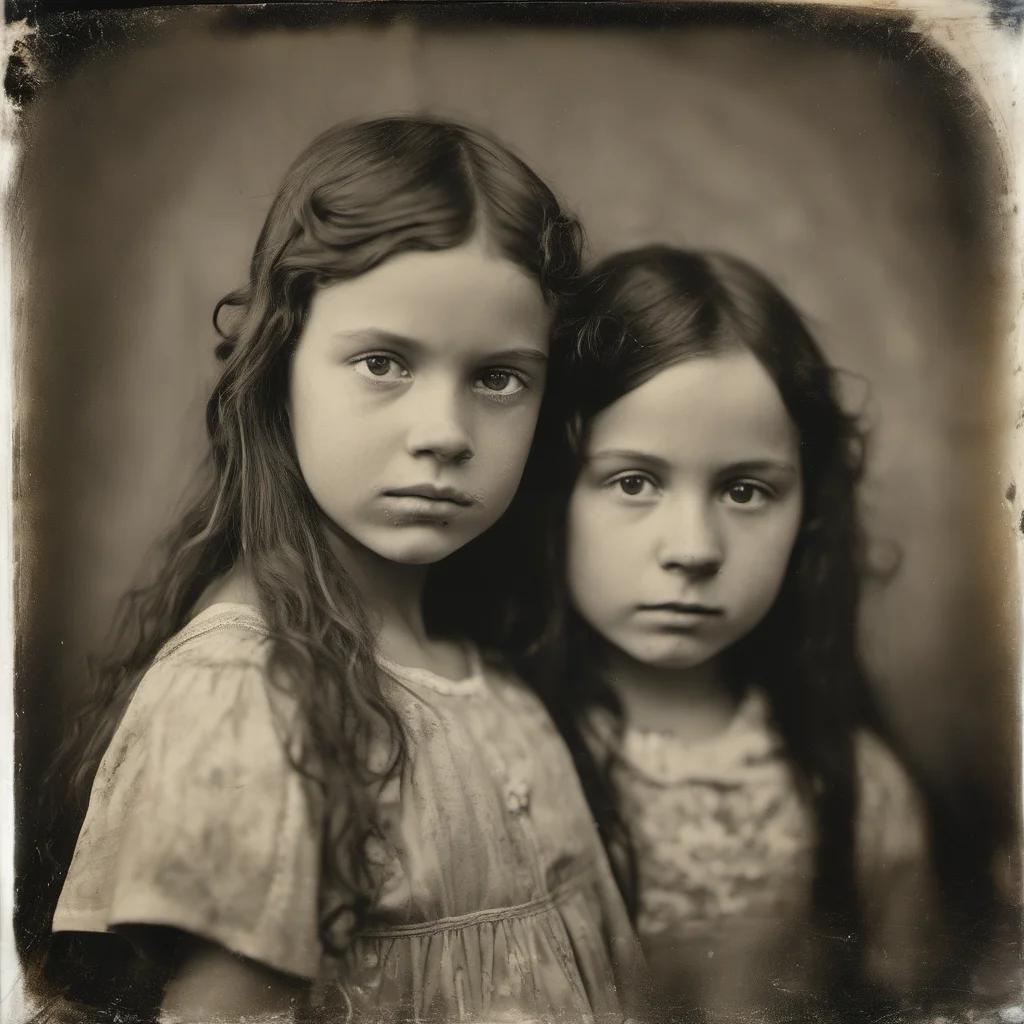 two young girls having an orgams together   intense portrait   wet plate style