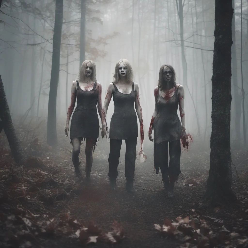two zombie girls slaughtering putin in a forest   fog   uncanny    realistic cinematic grunge  amazing awesome portrait 2