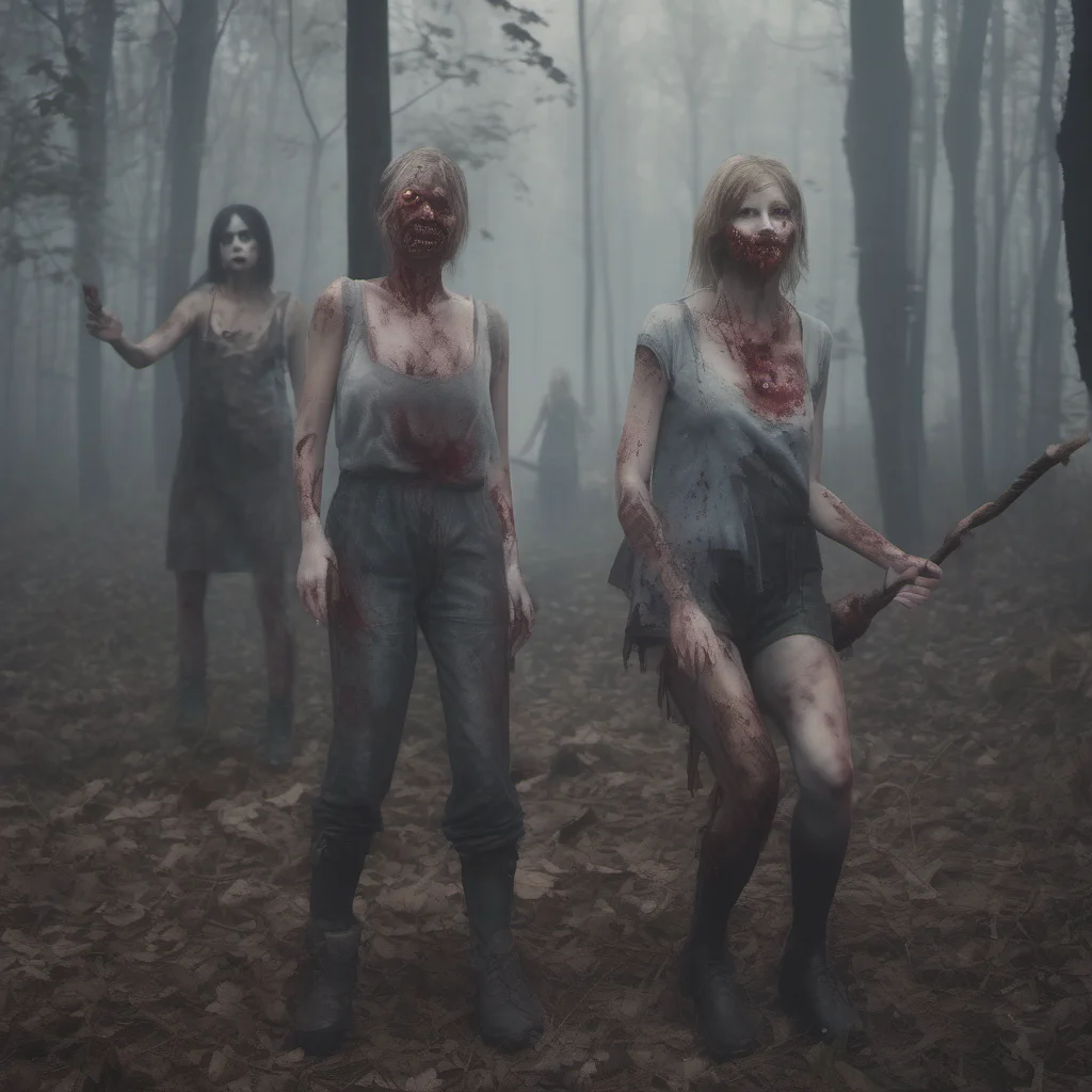 two zombie girls slaughtering putin in a forest   fog   uncanny    realistic cinematic grunge  good looking trending fantastic 1