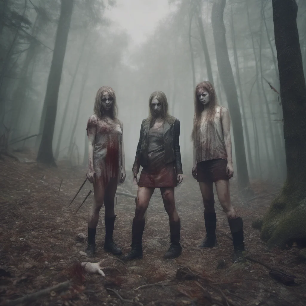 aitwo zombie girls slaughtering putin in a forest   fog   uncanny    realistic cinematic grunge 