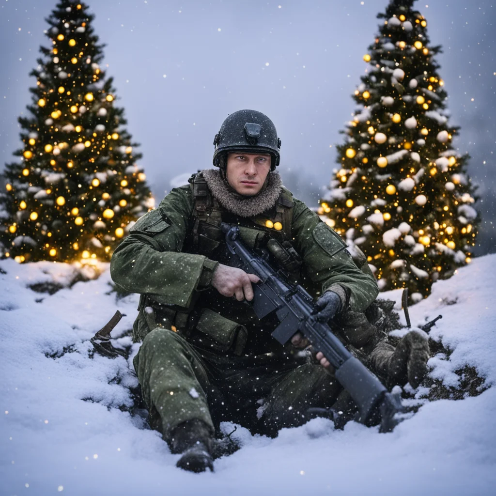 aiukrainian soldier in trenches%2C with gun m16%2C christmas tree with lights%2C snowing amazing awesome portrait 2