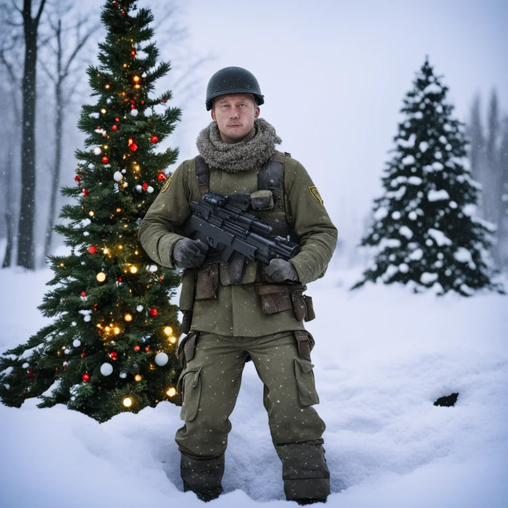 aiukrainian soldier in trenches%2C with gun m16%2C christmas tree with lights%2C snowing confident engaging wow artstation art 3