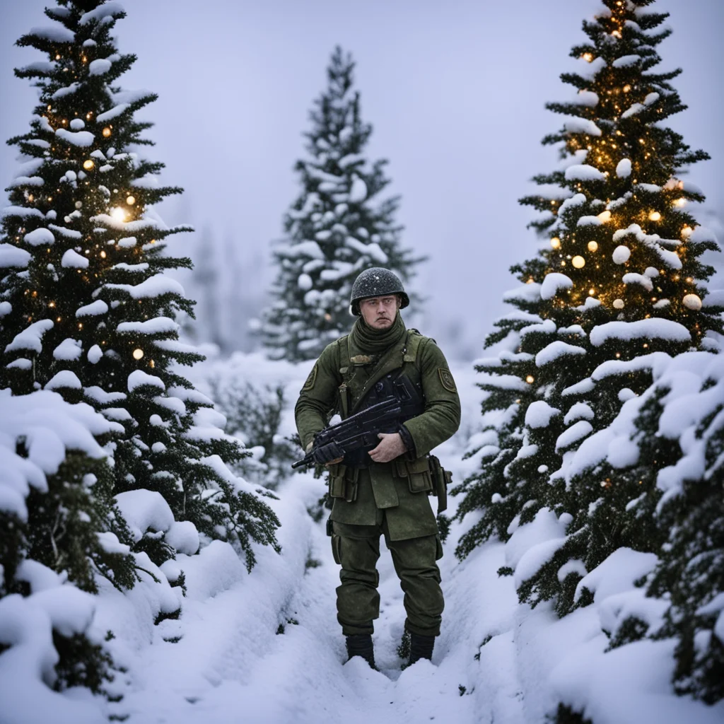 aiukrainian soldier in trenches%2C with gun m16%2C christmas tree with lights%2C snowing good looking trending fantastic 1