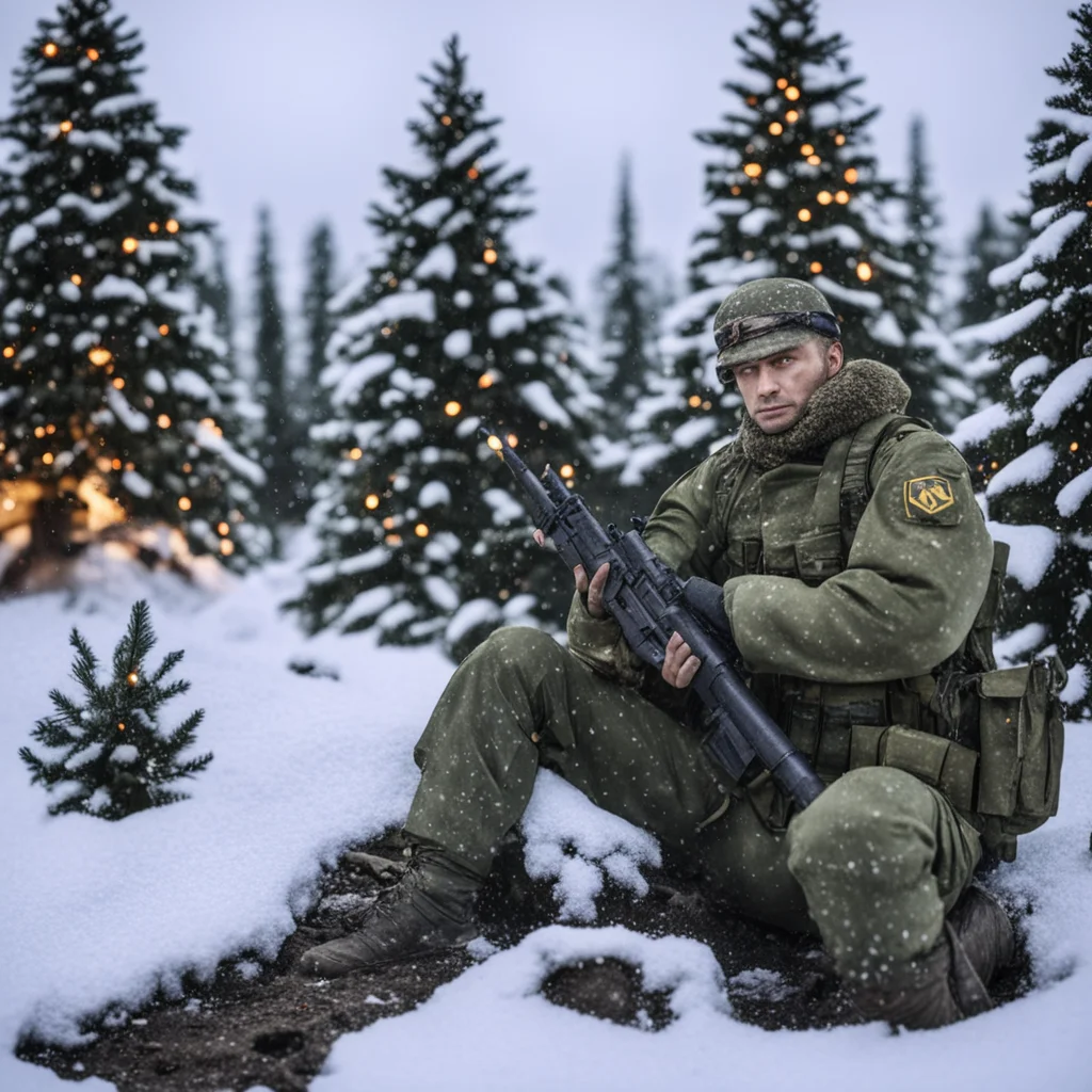 aiukrainian soldier in trenches%2C with gun m16%2C christmas tree with lights%2C snowing