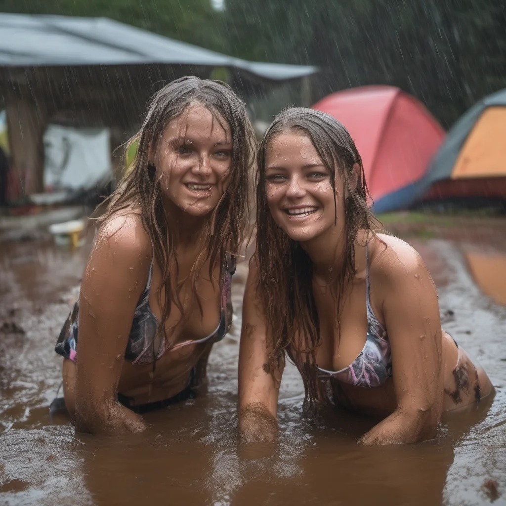ultrawideangle  shot of two sexy wet australian school girls enjoying the rain in their sexy bikinis at a muddy campsite good looking trending fantastic 1