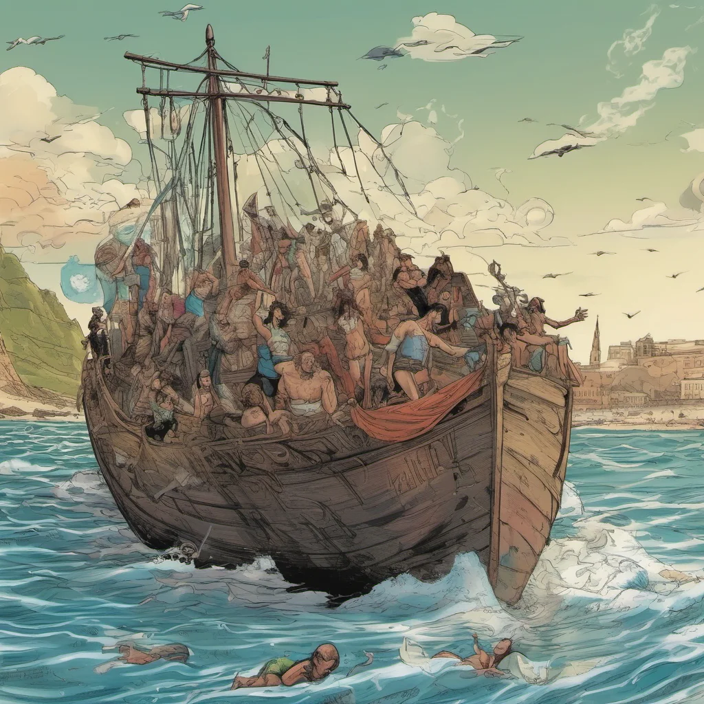 un barco troyano llegando a las playas de italia comic book