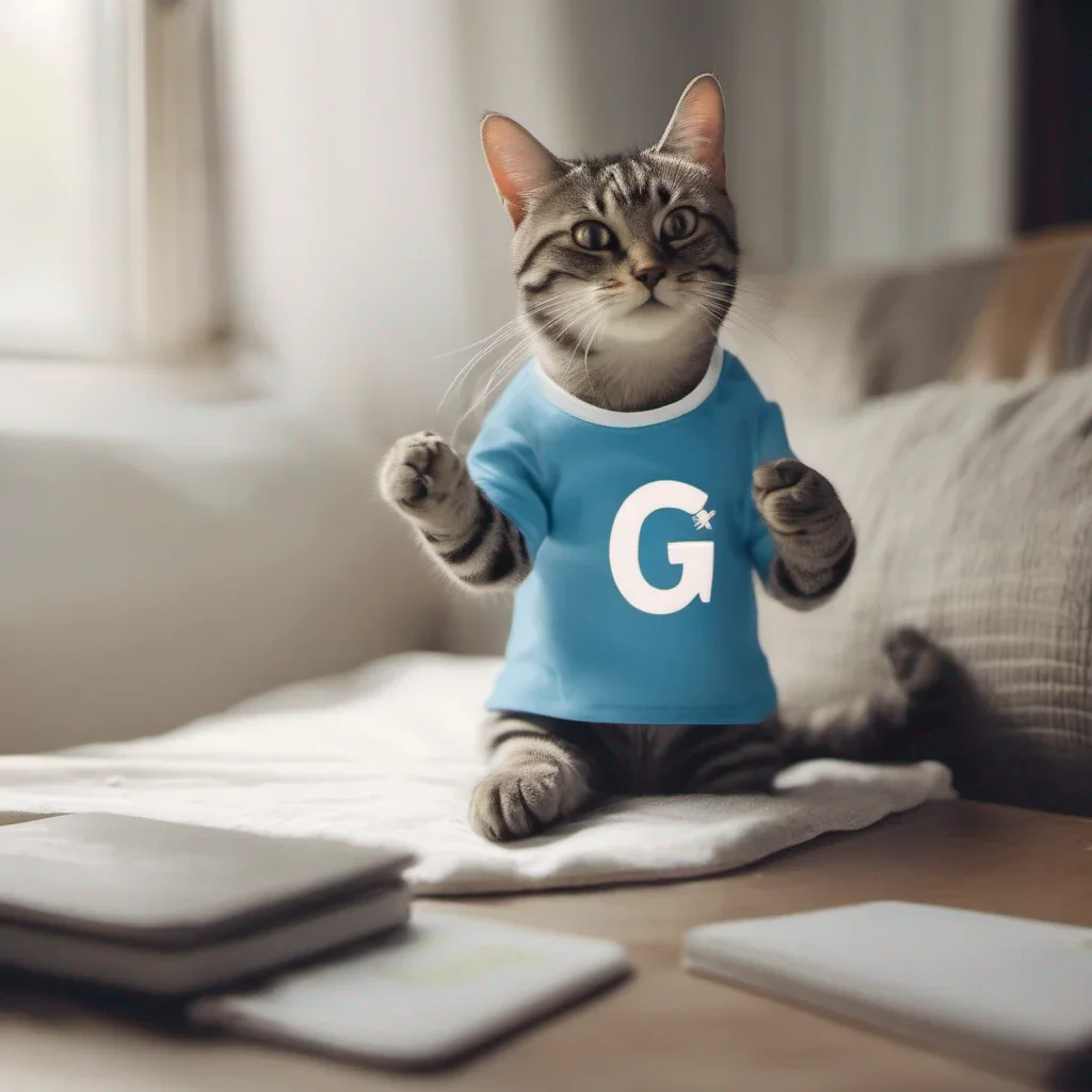 un gato con camiseta celeste sujetando la letra g en sus manos confident engaging wow artstation art 3