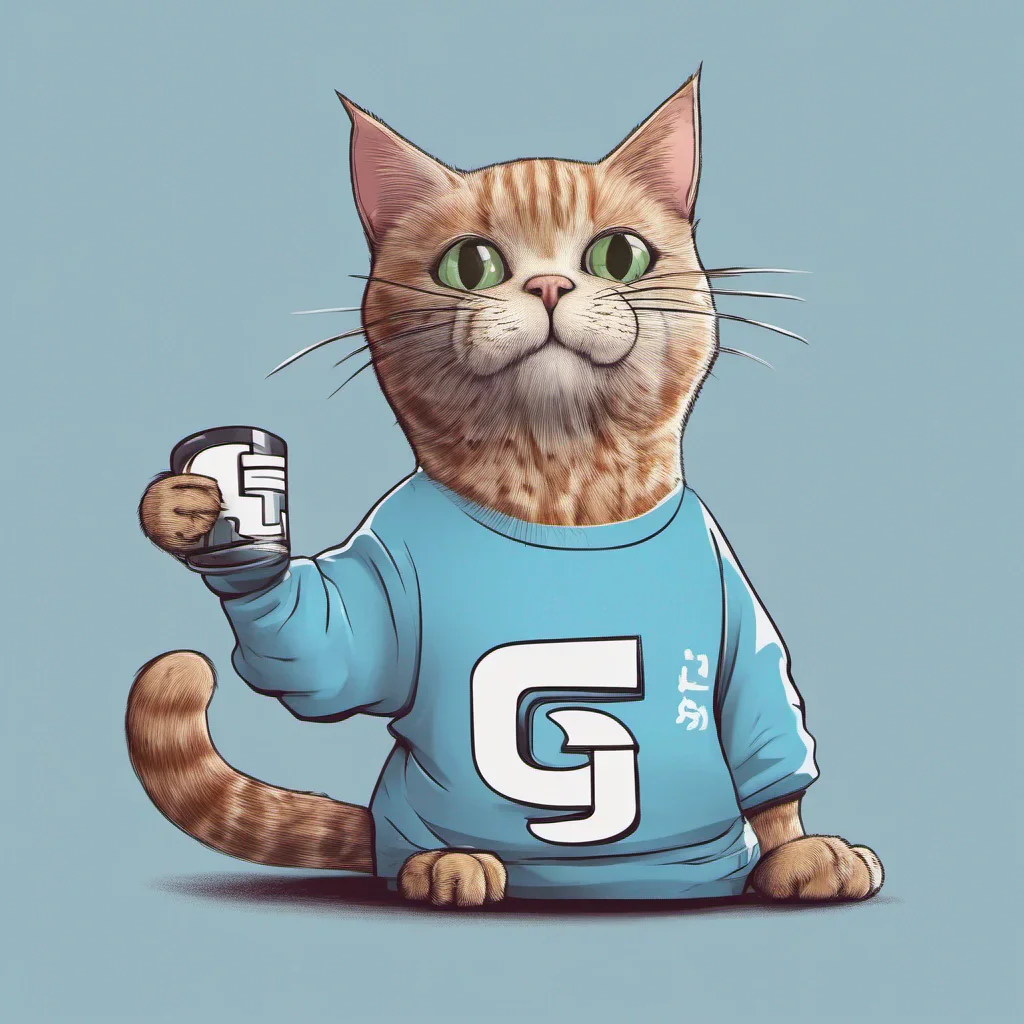 un gato con camiseta celeste sujetando la letra g en sus manos