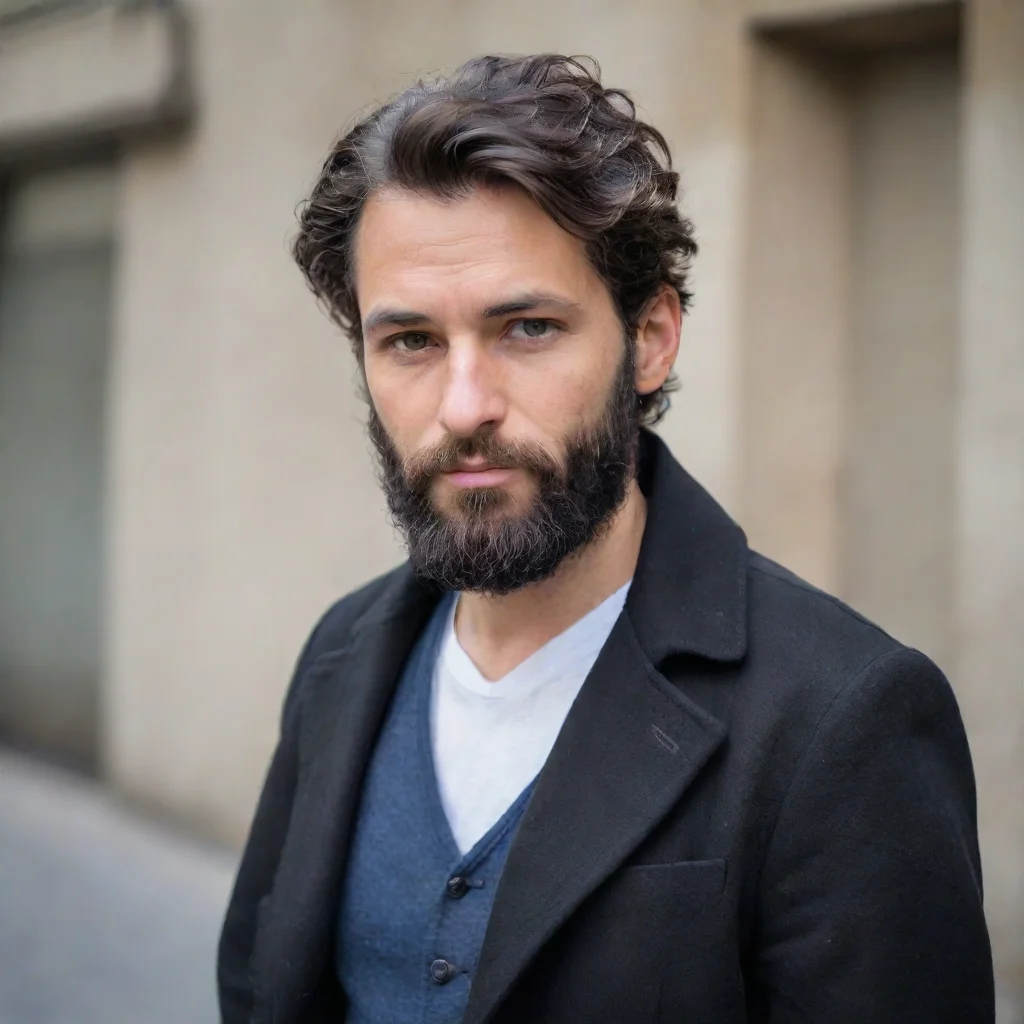 aiun homme d%27environ 35 ans%2C avec une longue veste noire avec un peu de barbe et des cheveux mi longs