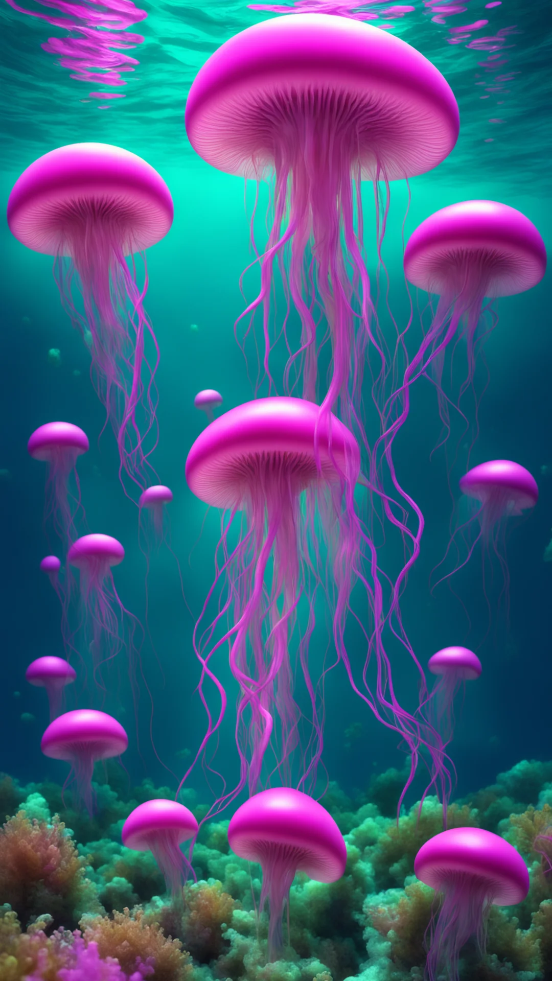 underwater full of strange jellyfish colorful cgi 3d surreal tall