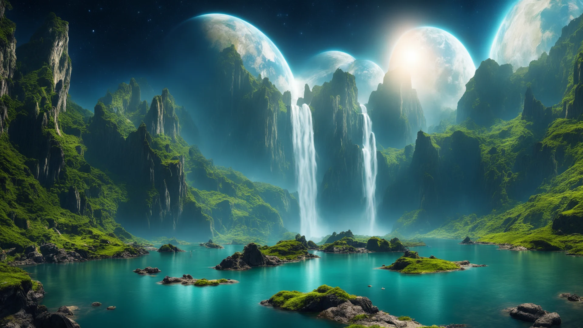 aiunknown very beautiful planet in distant space%2C lakes%2C rivers%2C waterfalls%2C nature%2C beach%2C paradise%2C unearthly beauty confident engaging wow artstation art 3 wide