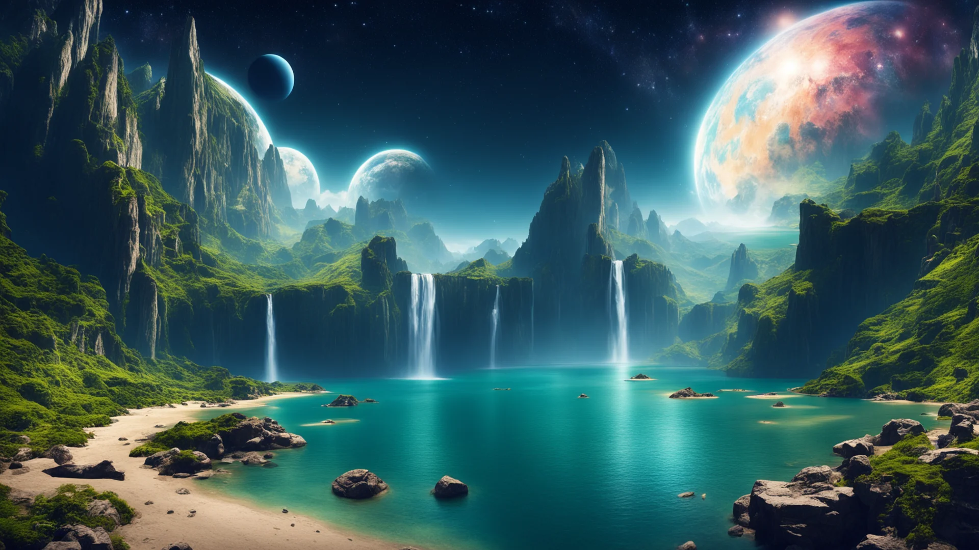 aiunknown very beautiful planet in distant space%2C lakes%2C rivers%2C waterfalls%2C nature%2C beach%2C paradise%2C unearthly beauty wide