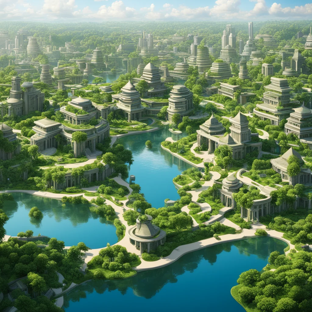 utopian city with houses surrounded by trees and vegetation and water bodies