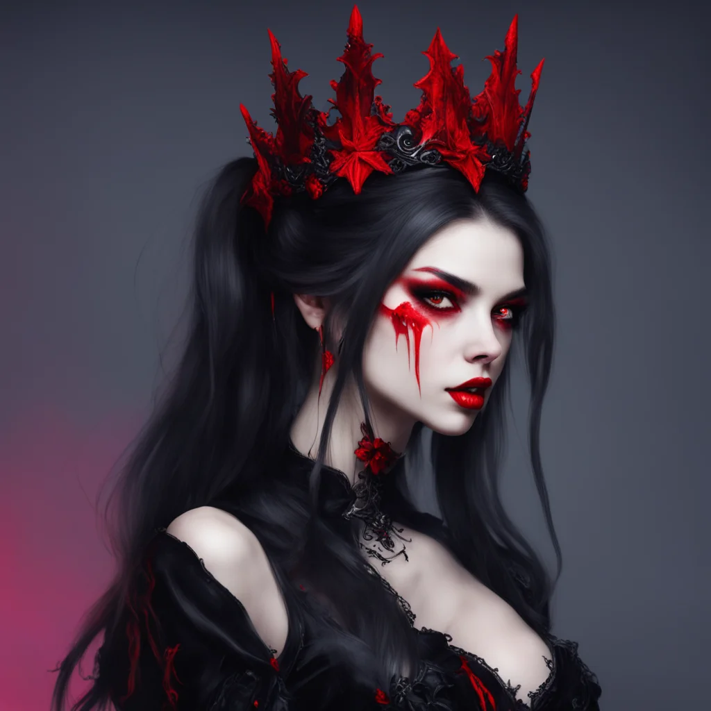 aivampire girl with long hair in a ponytail and black and red crown