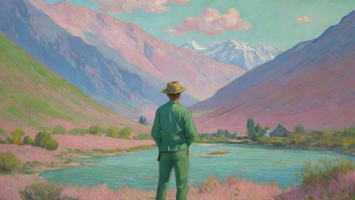 aivan gogh pink green colour pastel artistic western man  valley environment river mountain hd character widescreen