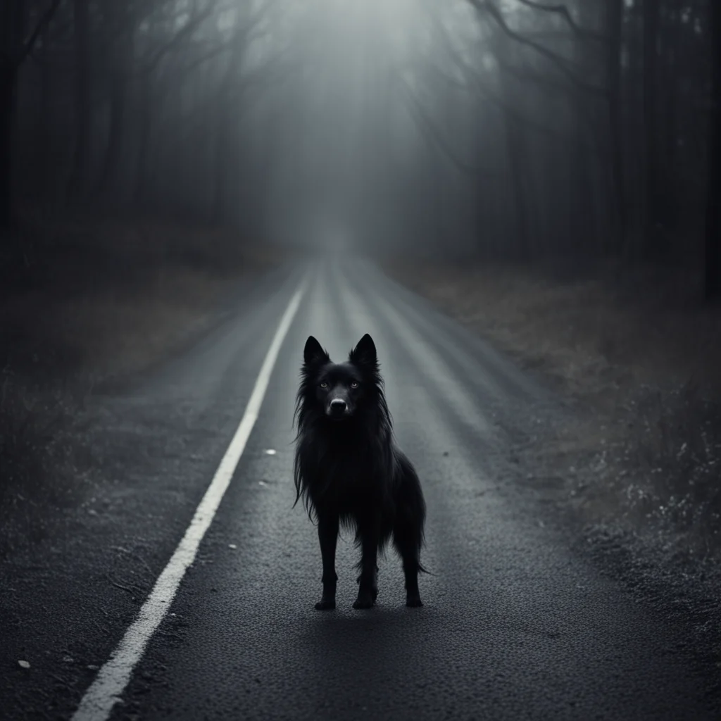 very dark mysterious photo of a half dog half girl creature at a long and winding road amazing awesome portrait 2