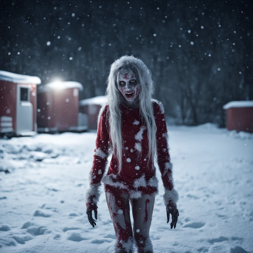 aivery lonely christmas zombie girl%2C covered with snow at an uncanny dark trailer park at night. horror amazing awesome portrait 2